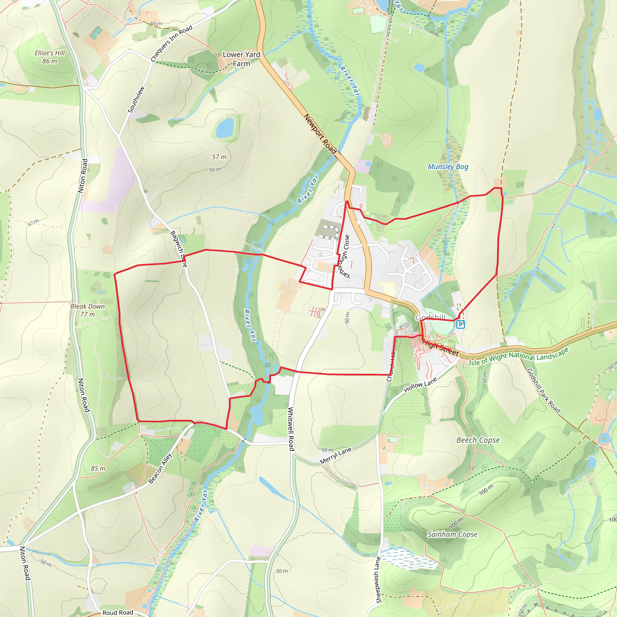 Around Godshill via Yar River and Worsley Trail mobile static map