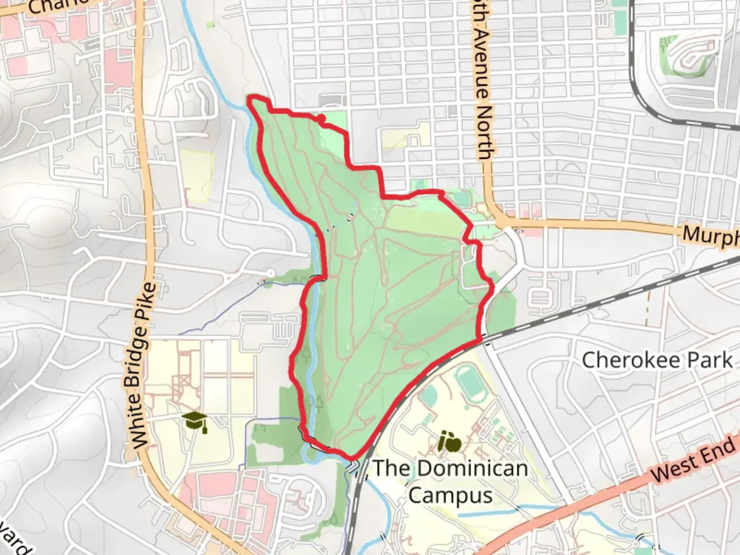 An image depicting the trail Richland Creek Greenway Loop and its surrounding area.
