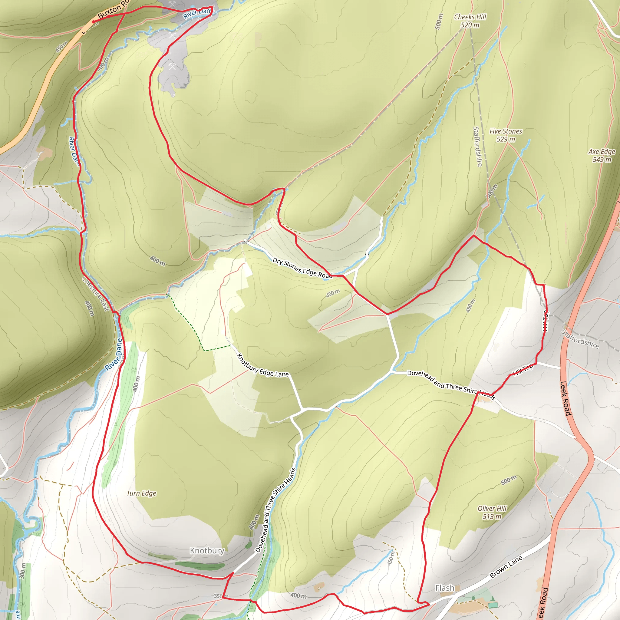 Flash and Three Shires Head from Danebower Hollow mobile static map