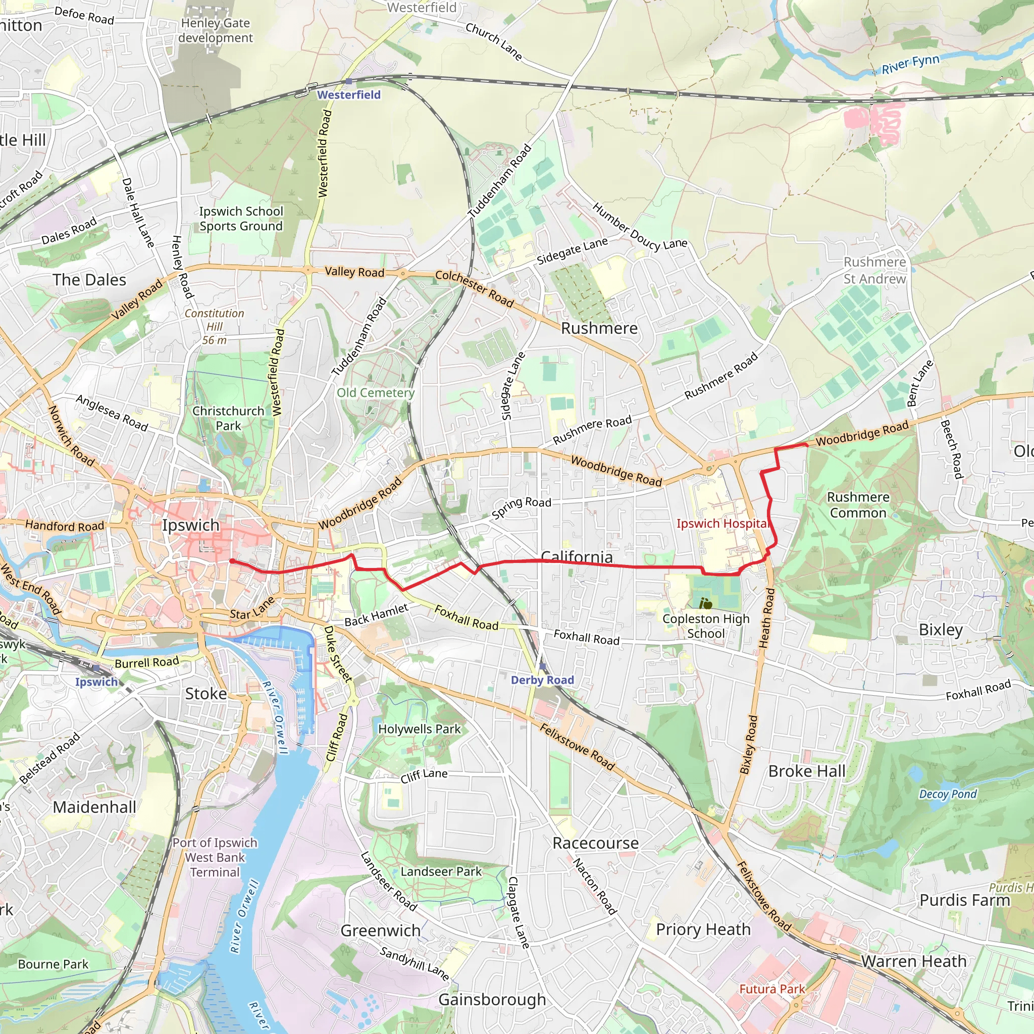 Walk to Rushmere Common - Ipswich mobile static map