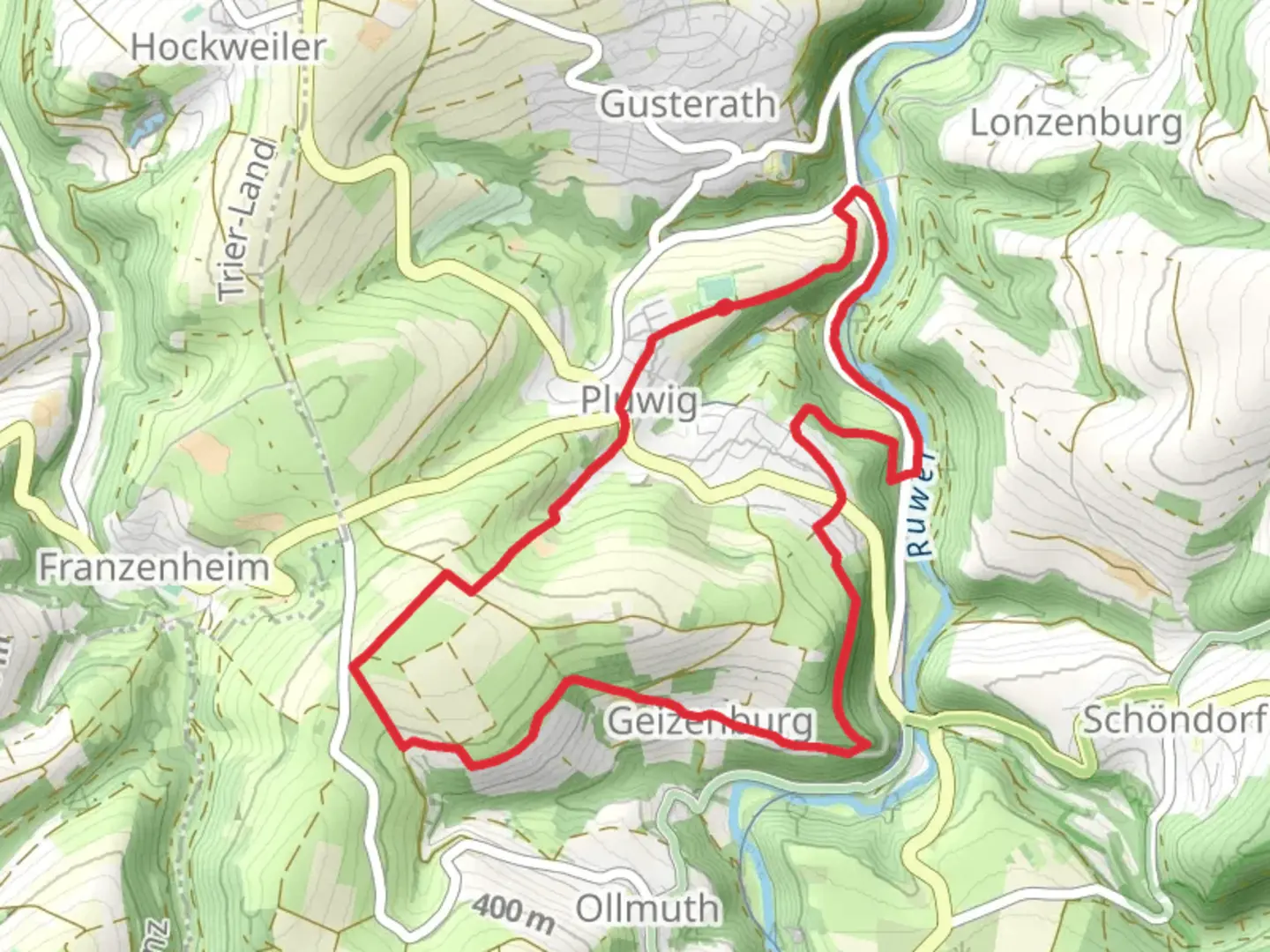 An image depicting the trail Pluwig Loop via Willmerich and Geizenburg and its surrounding area.