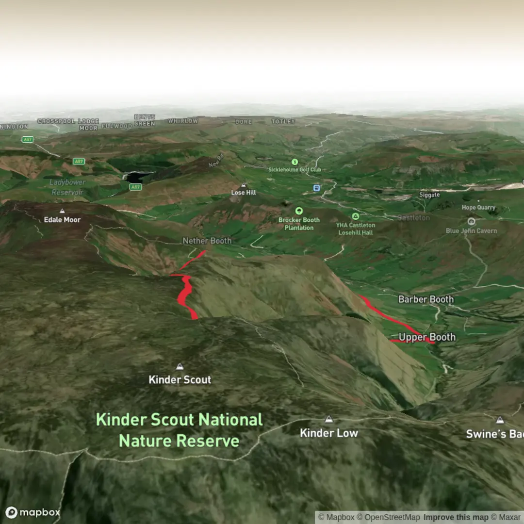 An image depicting the trail Mill Cottages to Grindlow via Crowden Clough loop and its surrounding area.