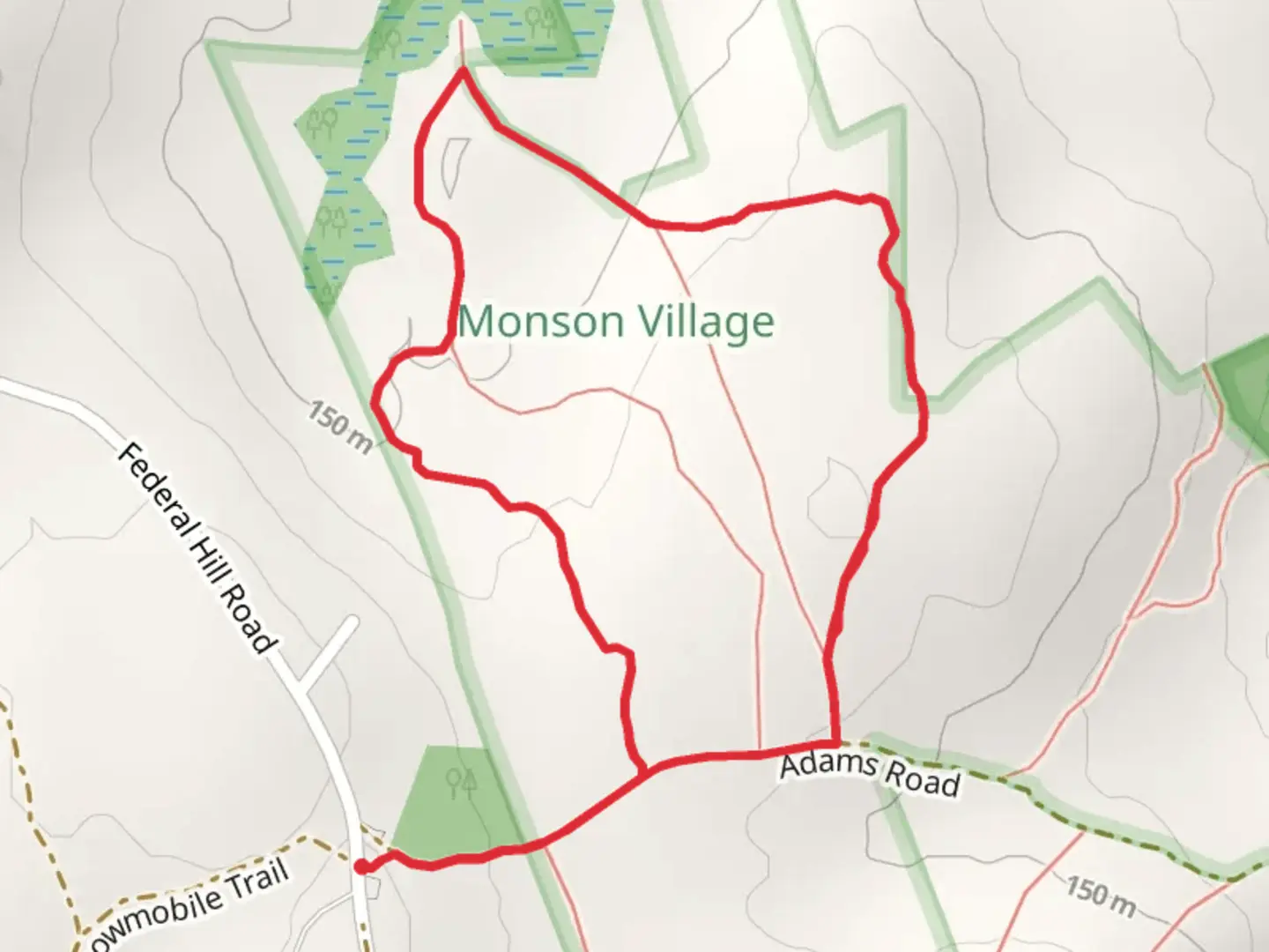 An image depicting the trail Monson Village Loop Trail and its surrounding area.