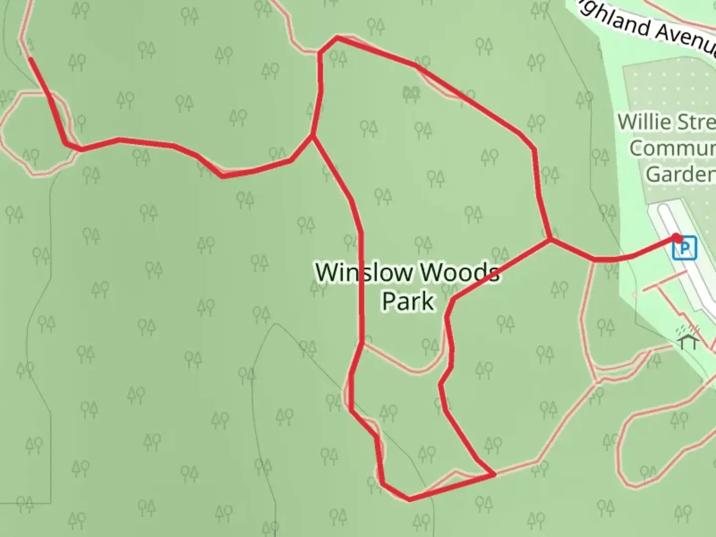 An image depicting the trail Winslow Woods Park Loop and its surrounding area.