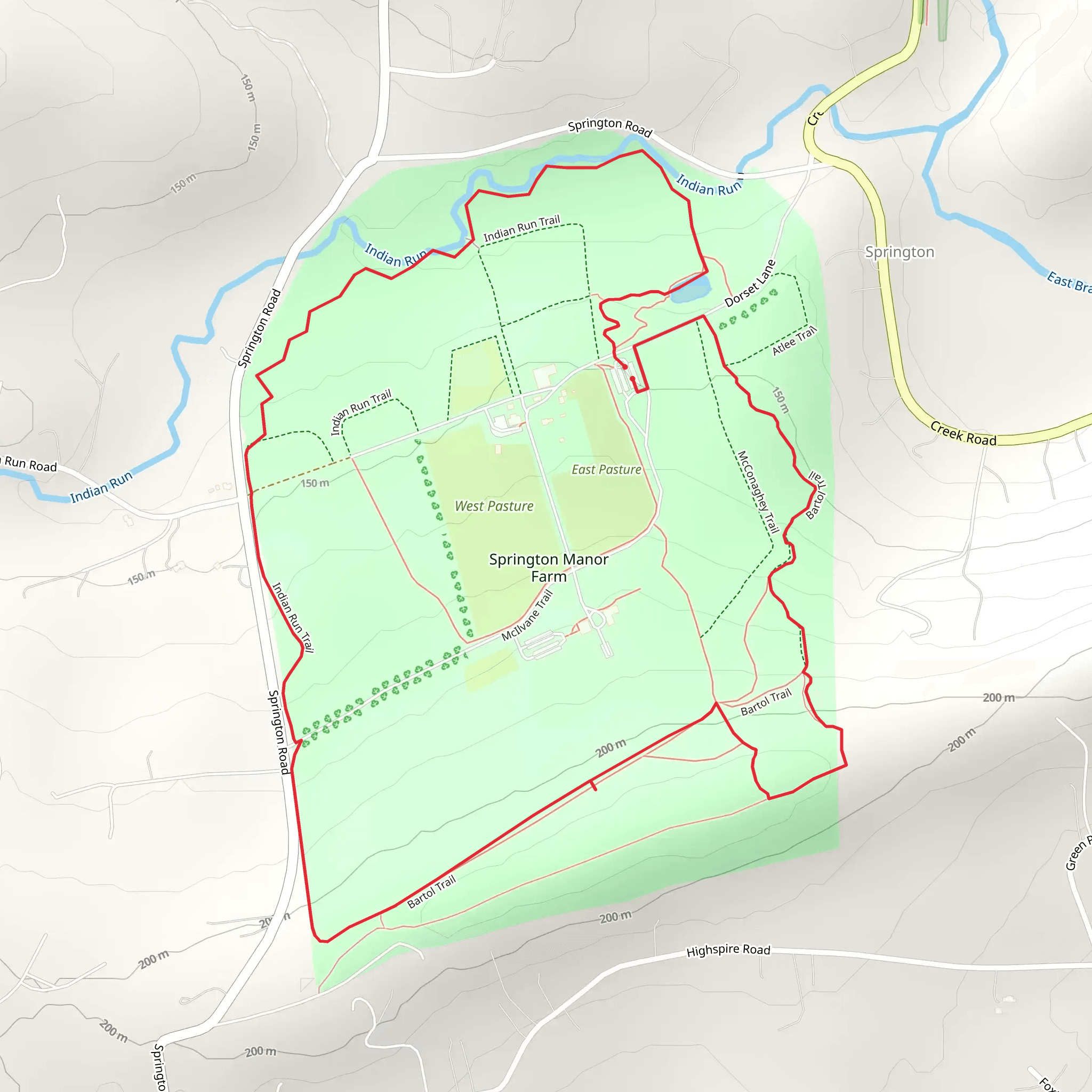 Indian Run and Road Springton Manor Farm Barn Loop mobile static map