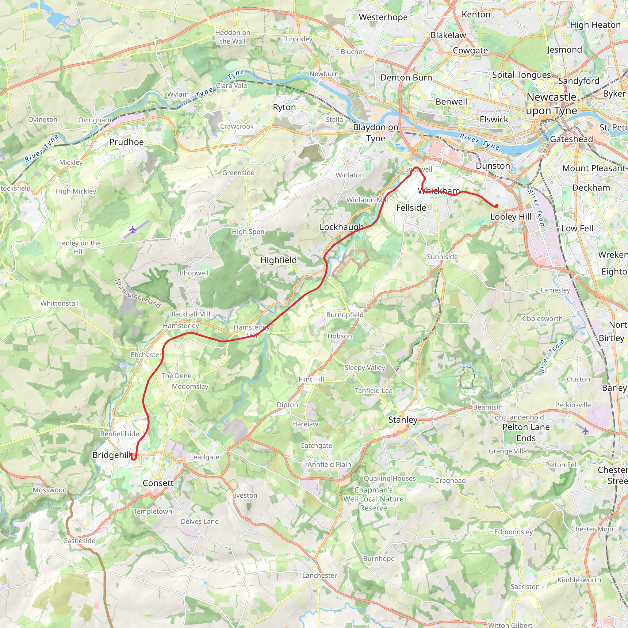 Consett to Dunston Walk mobile static map