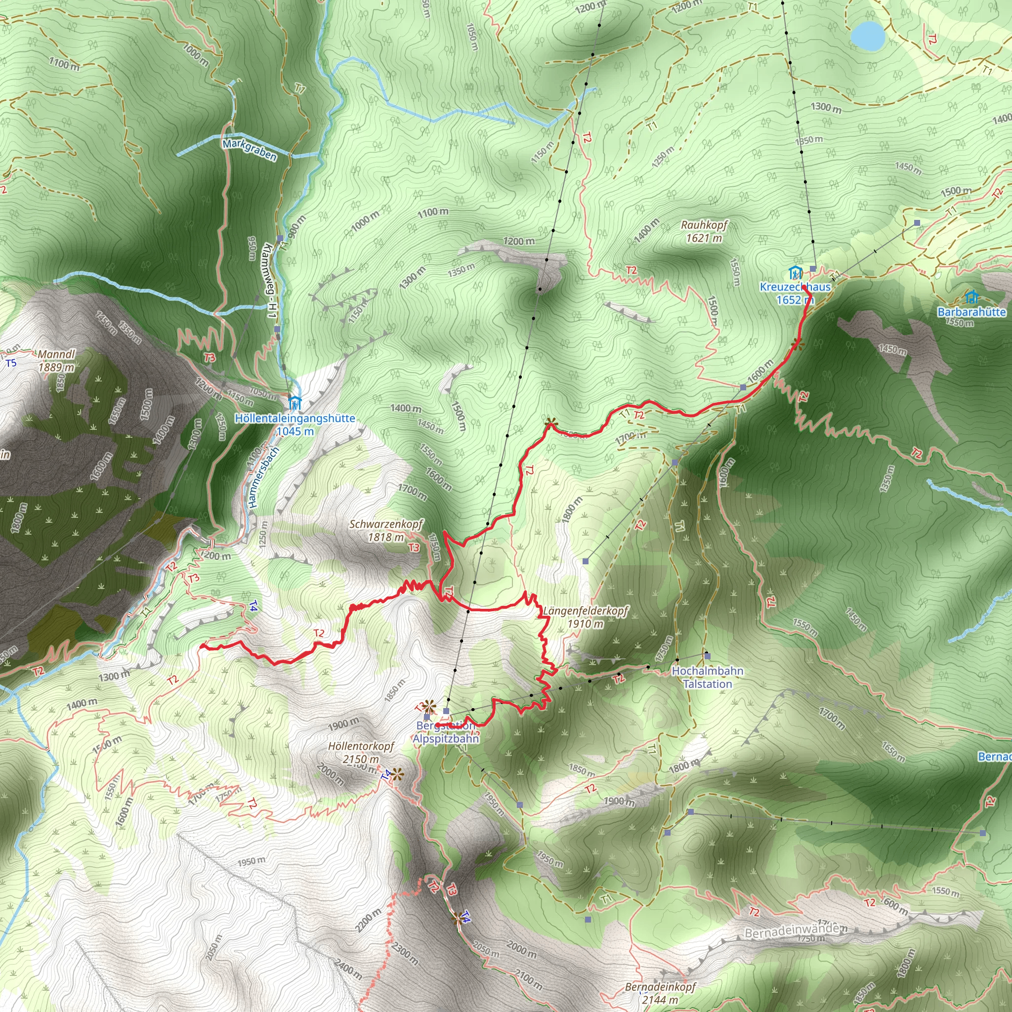 Alpspitzbahn Bergstation to Kreuzeckbahn Bergstation Walk via Knappenhäuser mobile static map