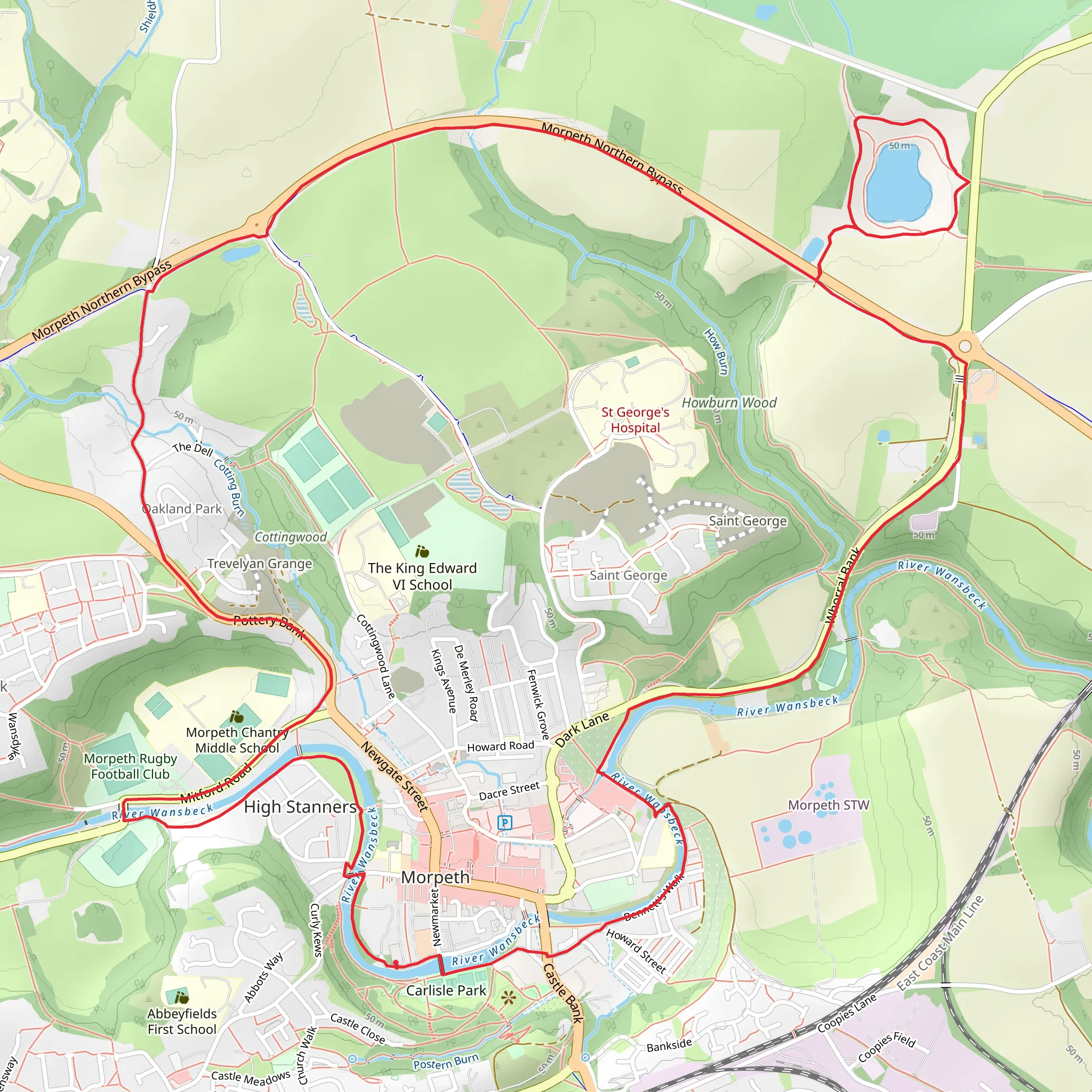 Pegswood Moor Country Park and Carlisle Park Loop mobile static map