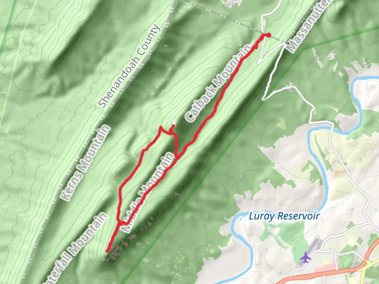 An image depicting the trail Peach Orchard Gap, Duncan Knob and Strickler Knob Loop via Massanutten Trail and its surrounding area.