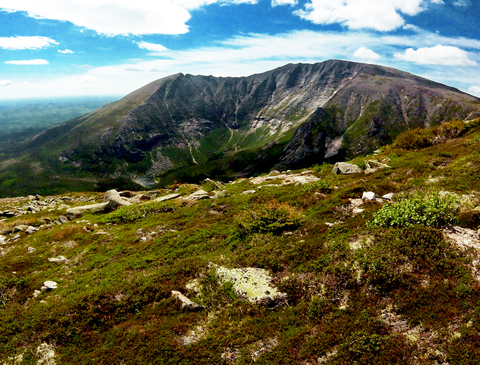 An image depicting the trail Mount Katadin, Pamola and Chimney Pond Loop from Sandy Stream Pond and its surrounding area.
