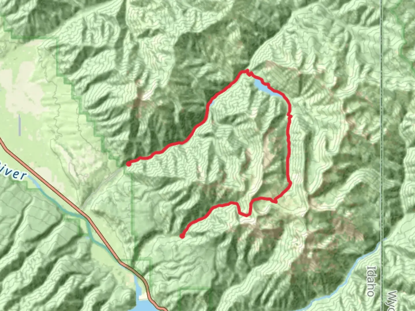 An image depicting the trail Lower Palisades Creek, Upper Palisades Lake and Sheep Creek Horseshoe Trail and its surrounding area.