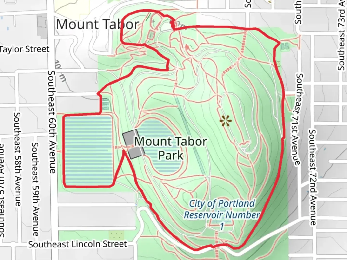 An image depicting the trail Green, City of Portland Reservoir Number 6 and Blue Loop Trail and its surrounding area.