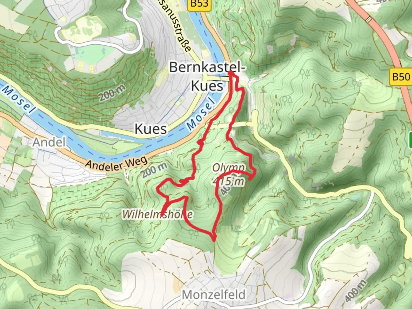 An image depicting the trail Olymp via Moselsteig and its surrounding area.