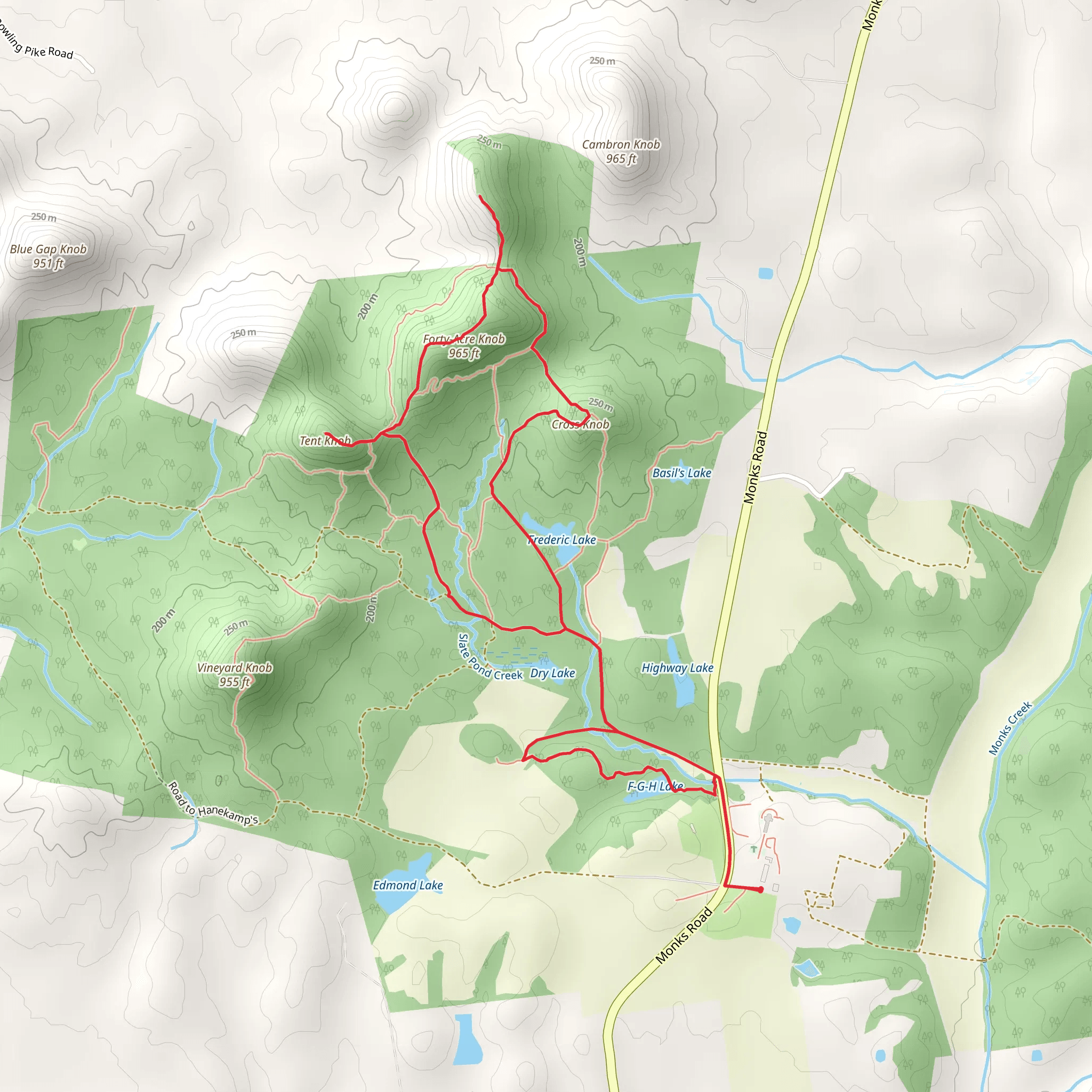 F-G-H Lake, Frederic Lake and Tent Knob via Main Path to Cross Knob Loop mobile static map