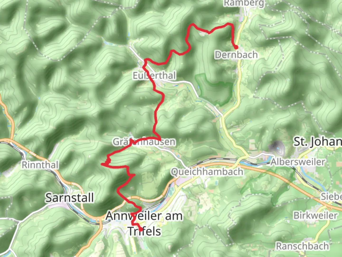 An image depicting the trail Dernbach to Markward von Annweiler via Pfaelzerwald Weisser Punkt and its surrounding area.