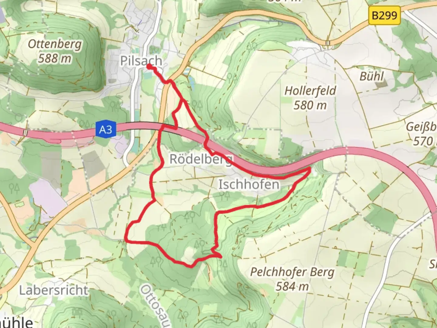 An image depicting the trail Rundweg Pilsach-Bodenhof and its surrounding area.