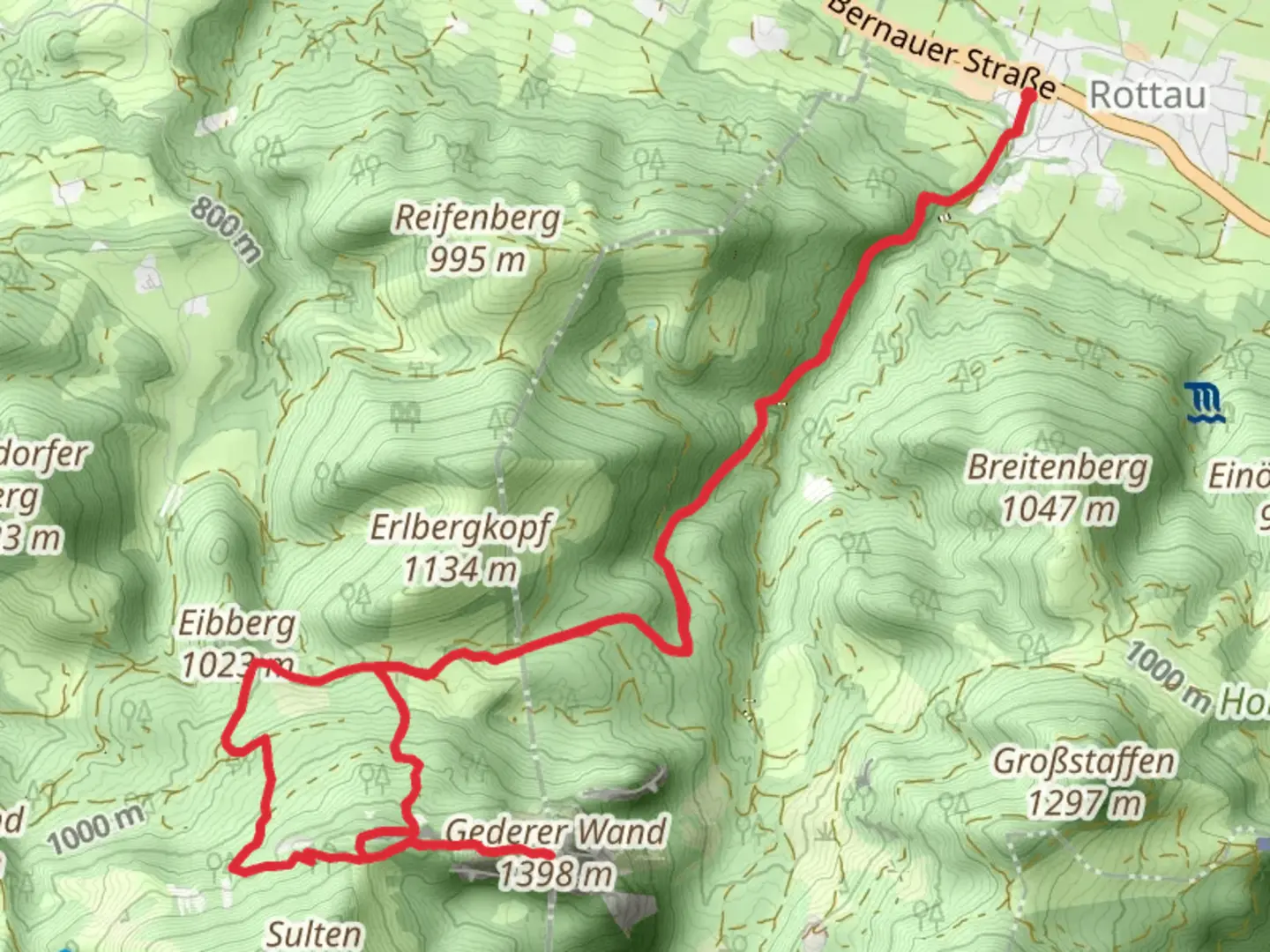 An image depicting the trail Gederer Wand via Genial Vital and its surrounding area.