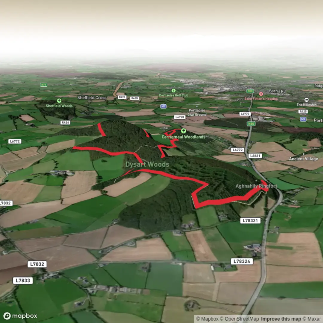 An image depicting the trail Dysart Woods Long Loop and its surrounding area.