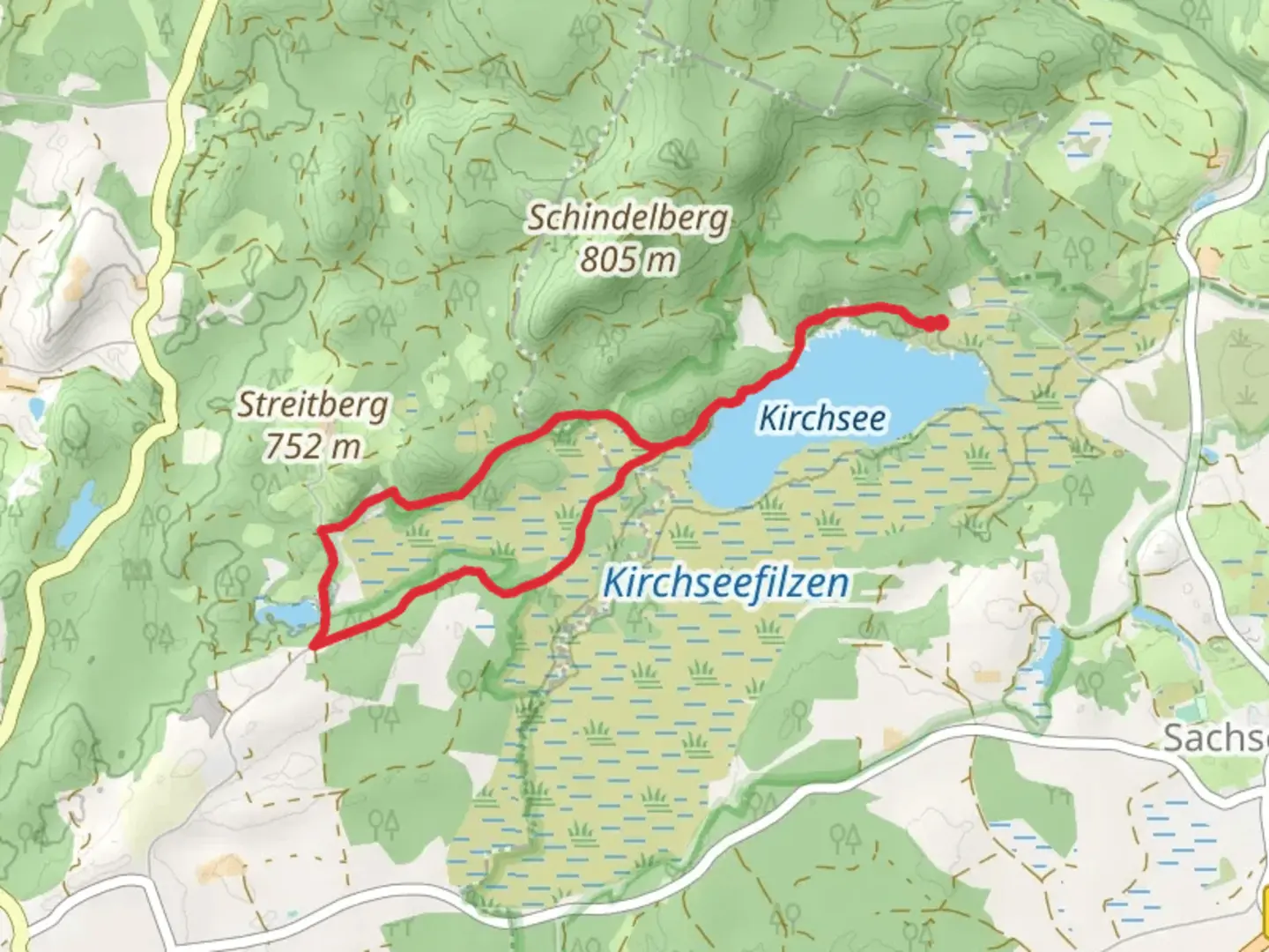 An image depicting the trail Kirchsee and Koglweiher Loop and its surrounding area.