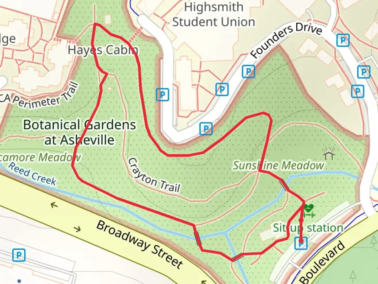An image depicting the trail UNCA Perimeter and Crayton Loop Trail and its surrounding area.