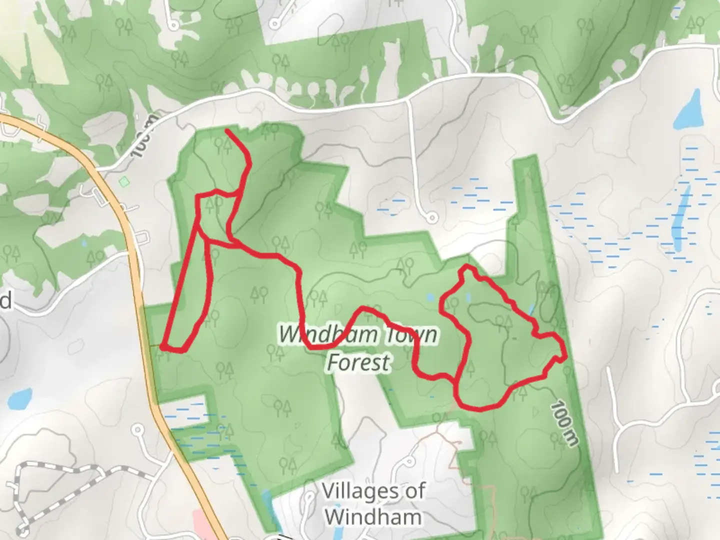 An image depicting the trail Pverlook Ledge and Red Square Trail Loop - Windham Town Forest and its surrounding area.