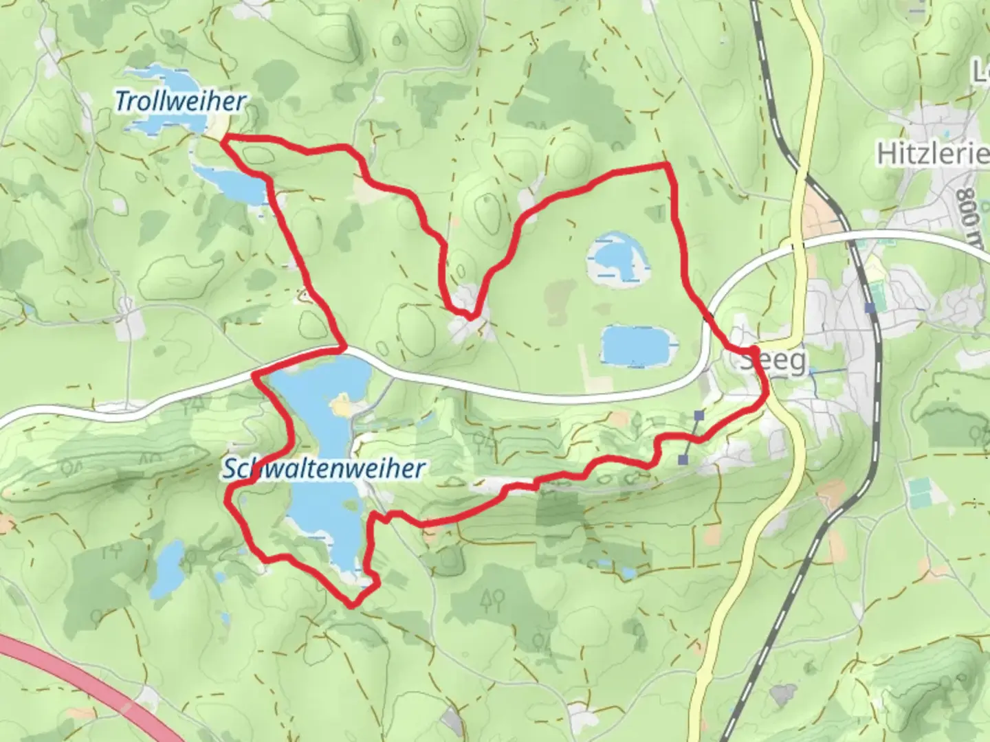 An image depicting the trail Seeg, Luimooser Weiher and Schwaltenweiher Loop and its surrounding area.