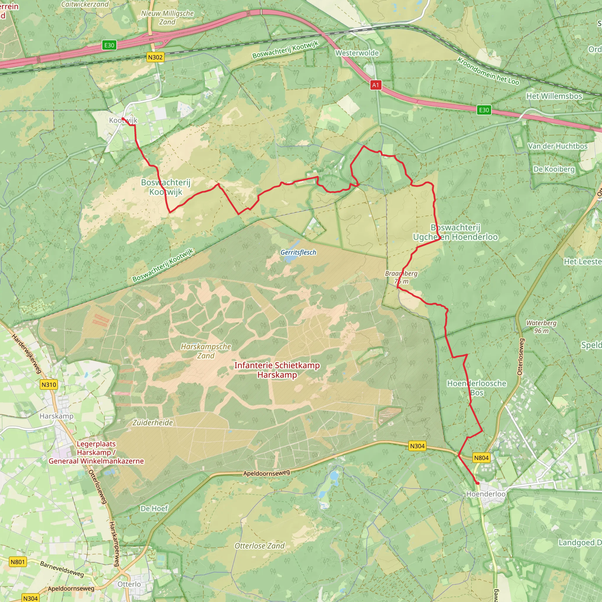 Hoenderloo to Kootwijk via Kootwijkerzand, Schaapskooi and Harskampweg mobile static map