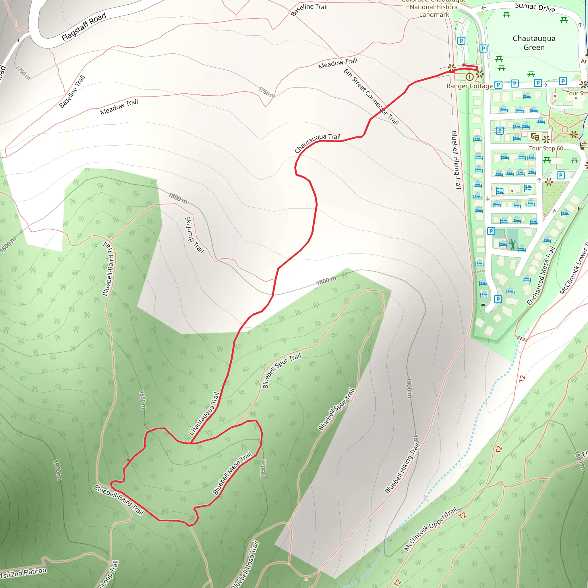 Chautauqua and Bluebell-Baird Loop Trail mobile static map