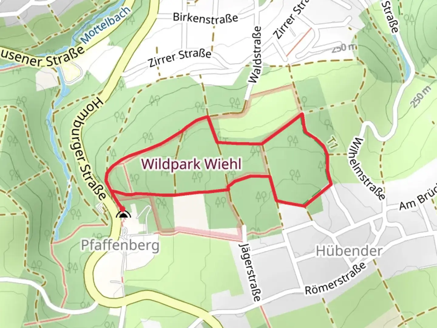 An image depicting the trail Wildpark Wiehl Loop via Tropfsteinhöhle Rundweg A4 and its surrounding area.
