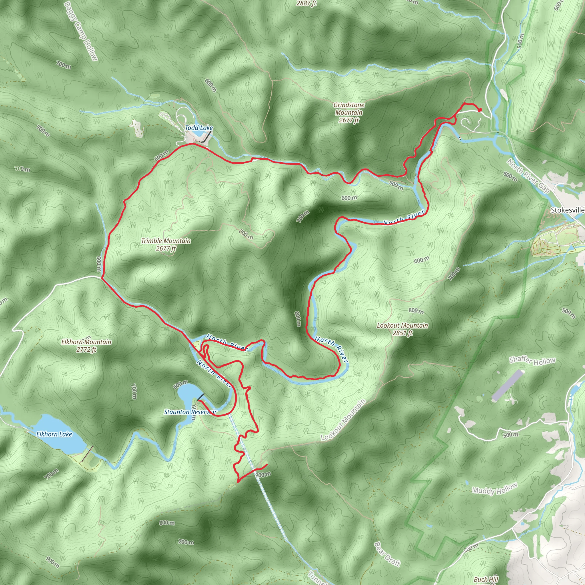 Staunton Reservoir, Wild Oak and North River Gorge Loop Trail mobile static map