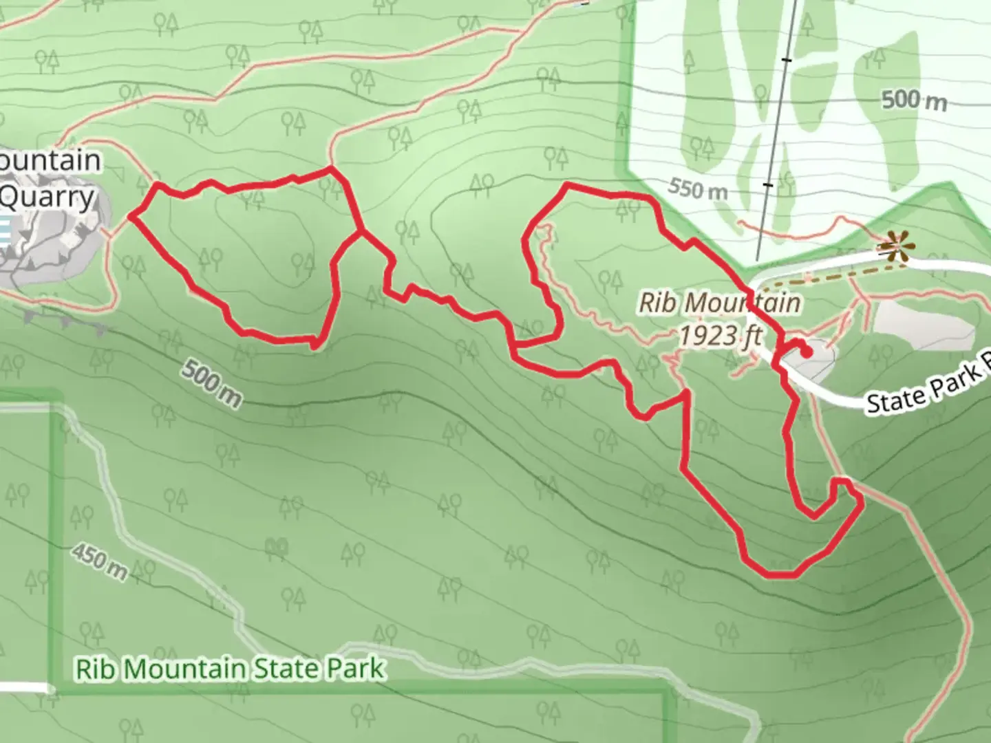 An image depicting the trail Red and Quarry Loop Trail and its surrounding area.