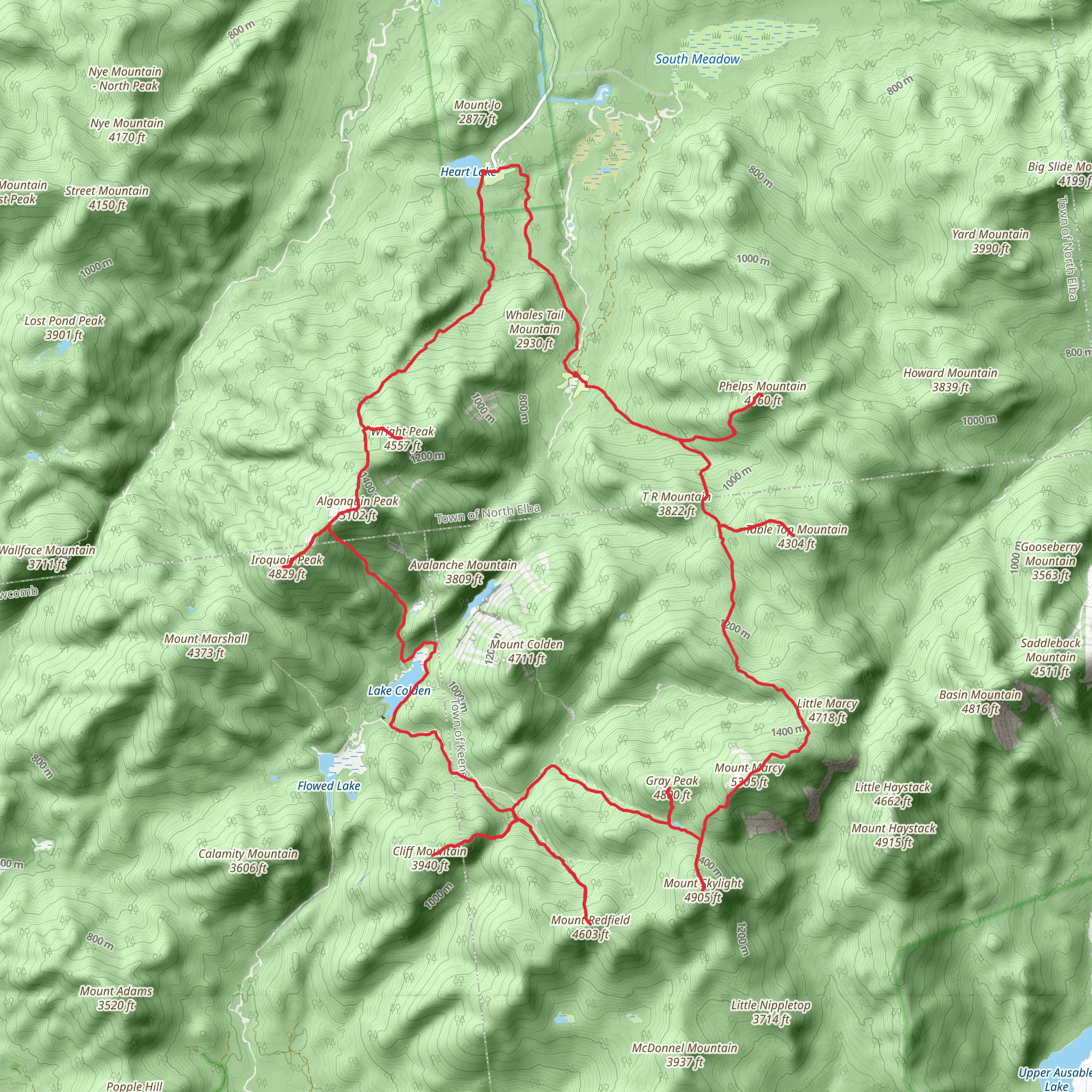 Phelps Mountain, Table Top Mountain, Little Marcy, Mount Skylight and Iroquois peak Loop mobile static map