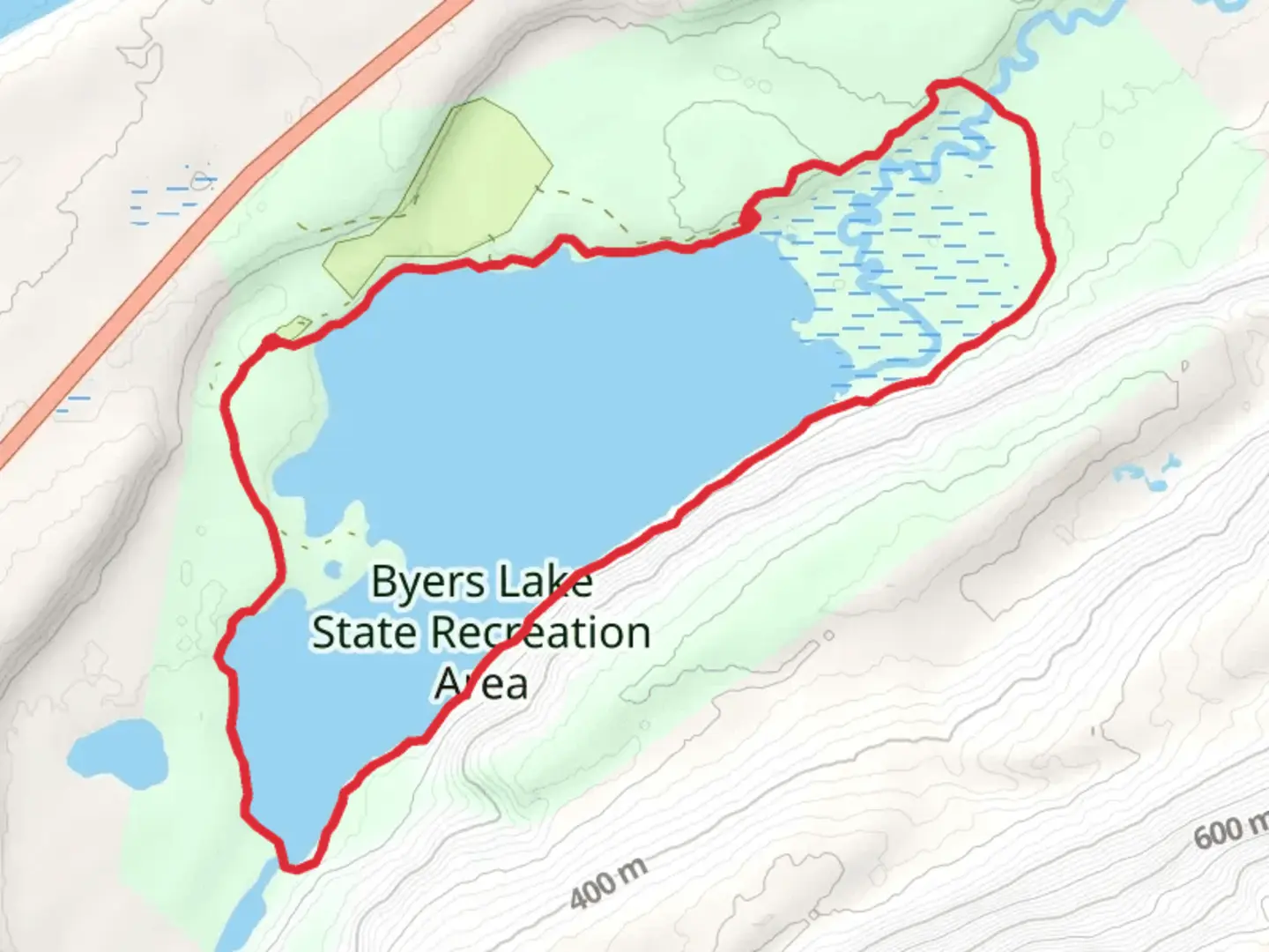 An image depicting the trail Byers Lake State Recreation Area Loop and its surrounding area.