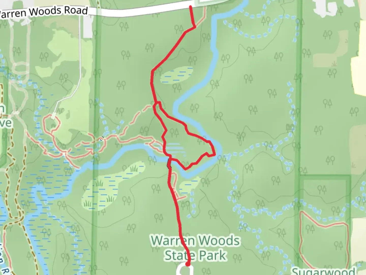 An image depicting the trail Warren Woods River Loop and its surrounding area.