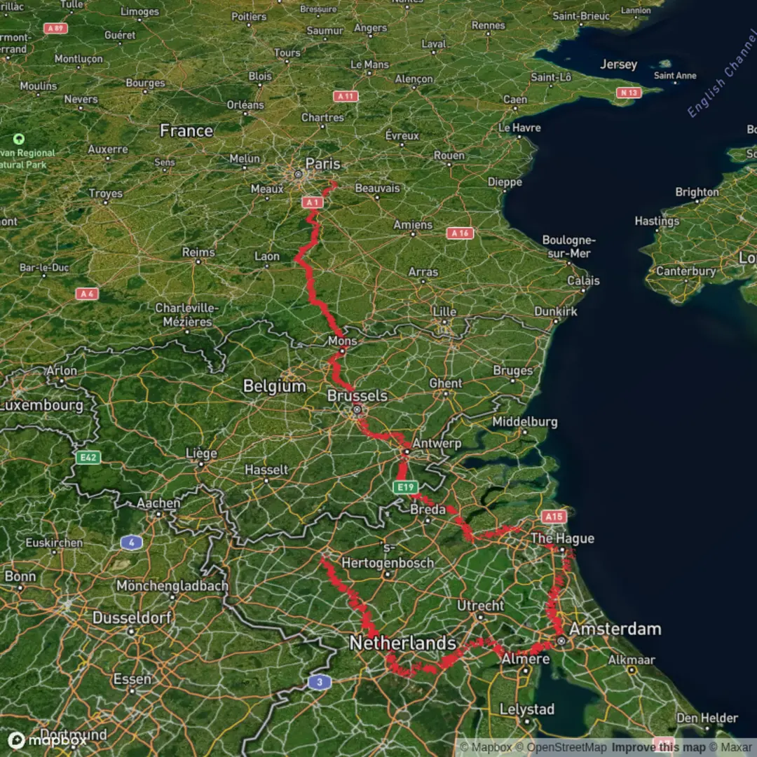 An image depicting the trail Eindhoven to Auvers sur Oise via Mosselsepad, Prinsenweg, Trekkade and Oude Maaspad and its surrounding area.