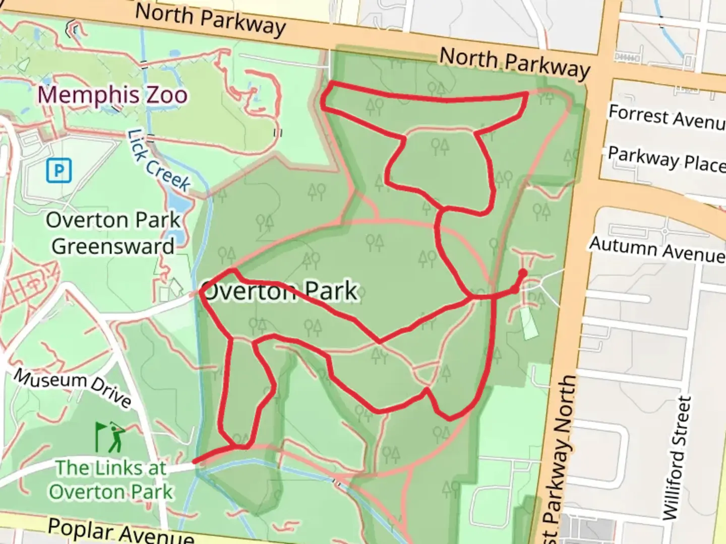 An image depicting the trail Overton Park, The Links at Overton Park and Ols Forest Arboretum of Overton Park Loop and its surrounding area.
