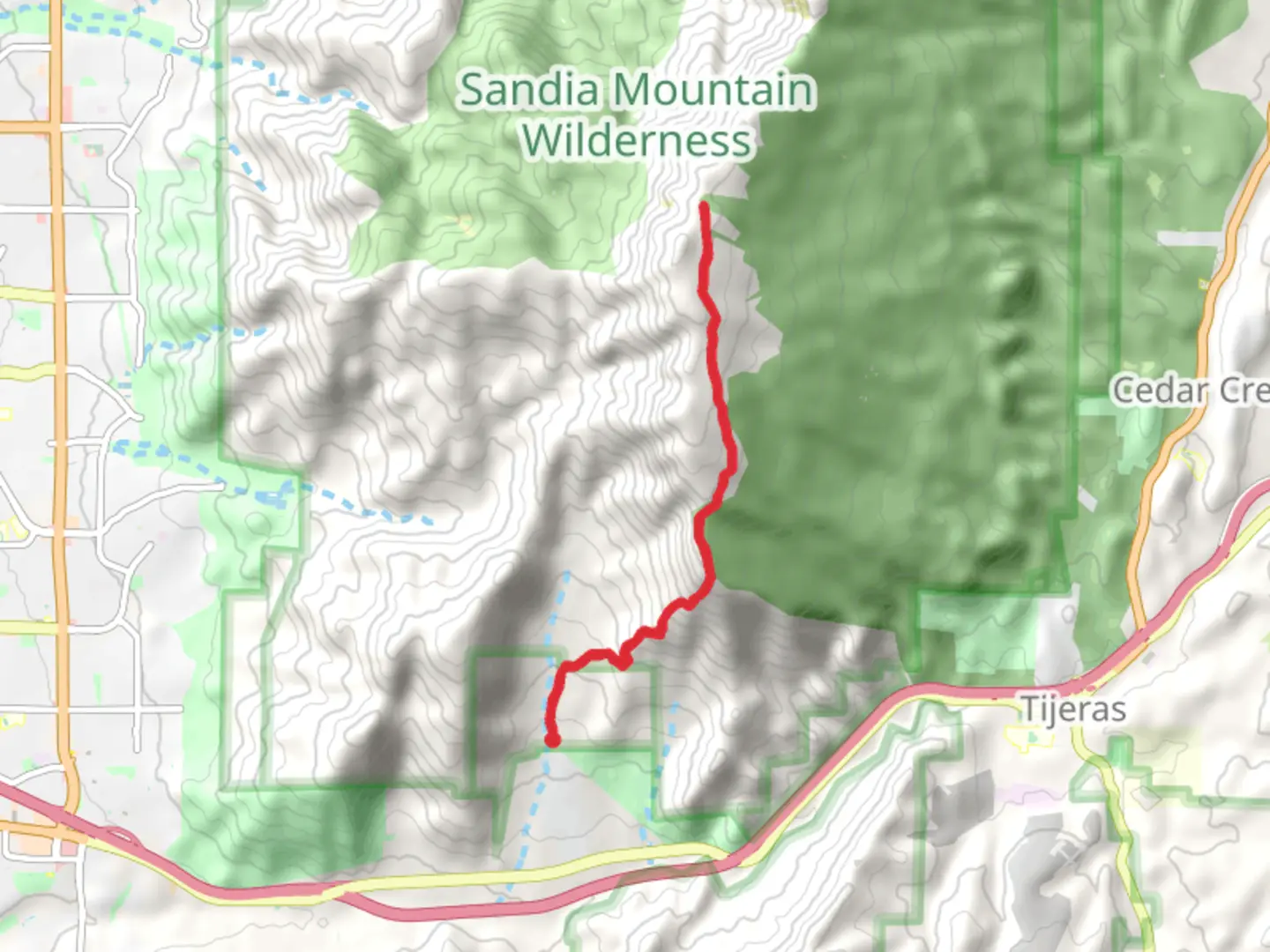 An image depicting the trail South Crest Trail - Tres Pistolas Open Space and its surrounding area.