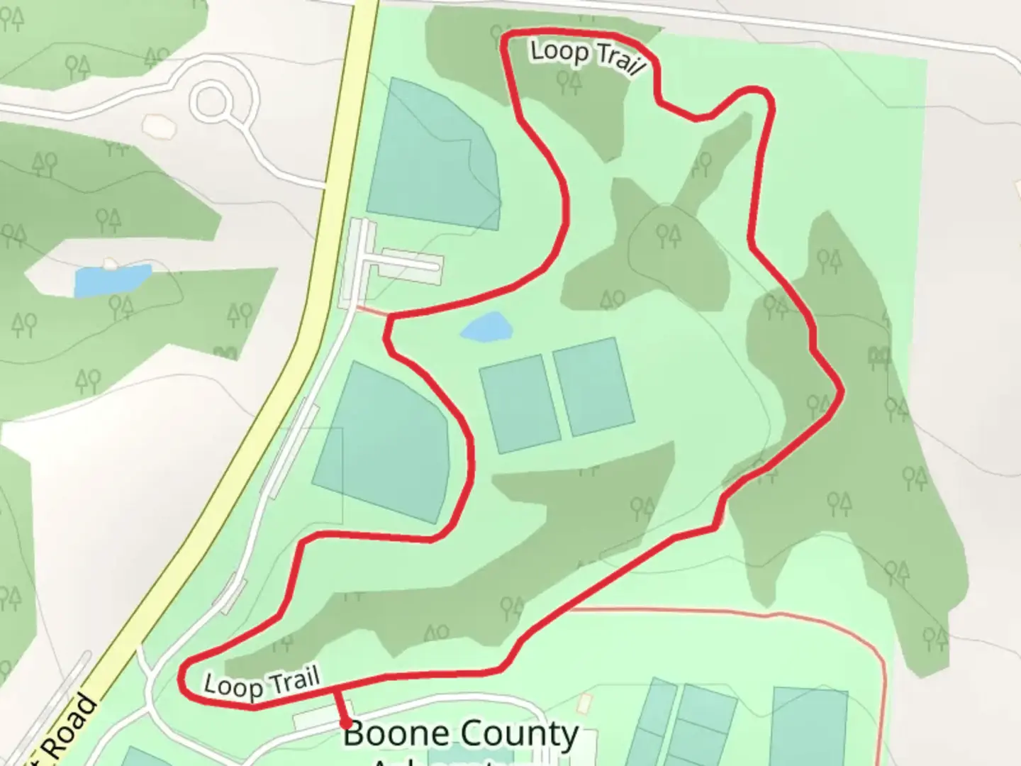 An image depicting the trail Boone County Arboretum and Central Park Loop and its surrounding area.