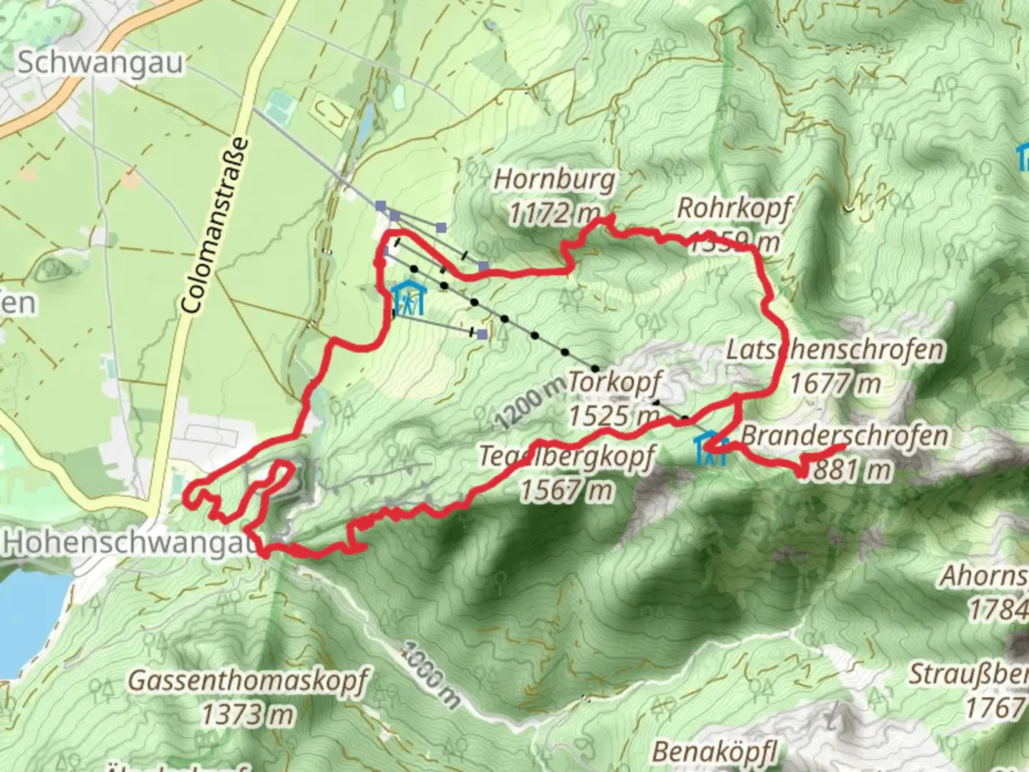 An image depicting the trail Panoramablick Schwangau, Queen Mary's Bridge and Branderschrofen via Maximiliansweg and its surrounding area.