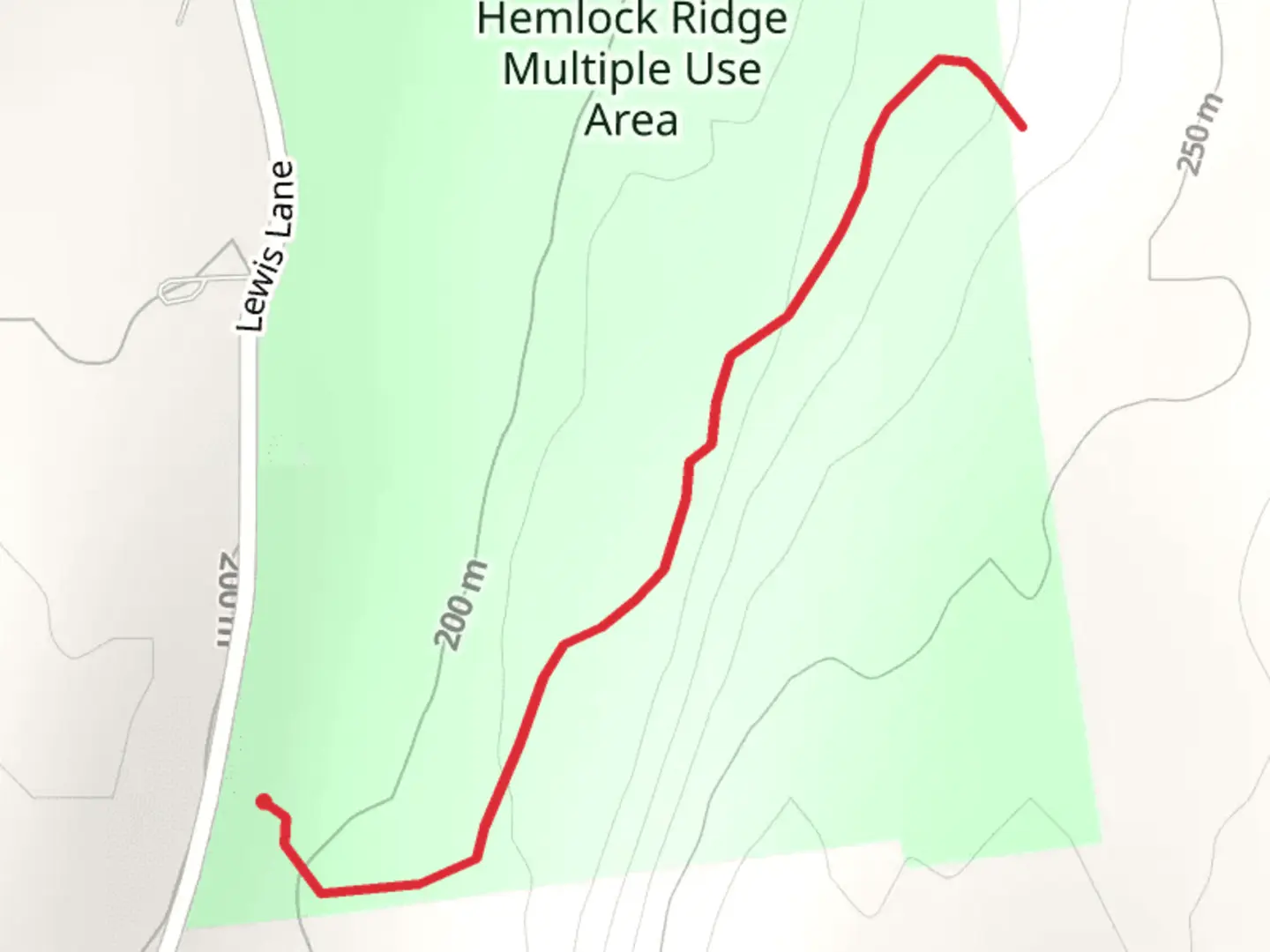 An image depicting the trail Hemlock Ridge Multiple Use Area and its surrounding area.