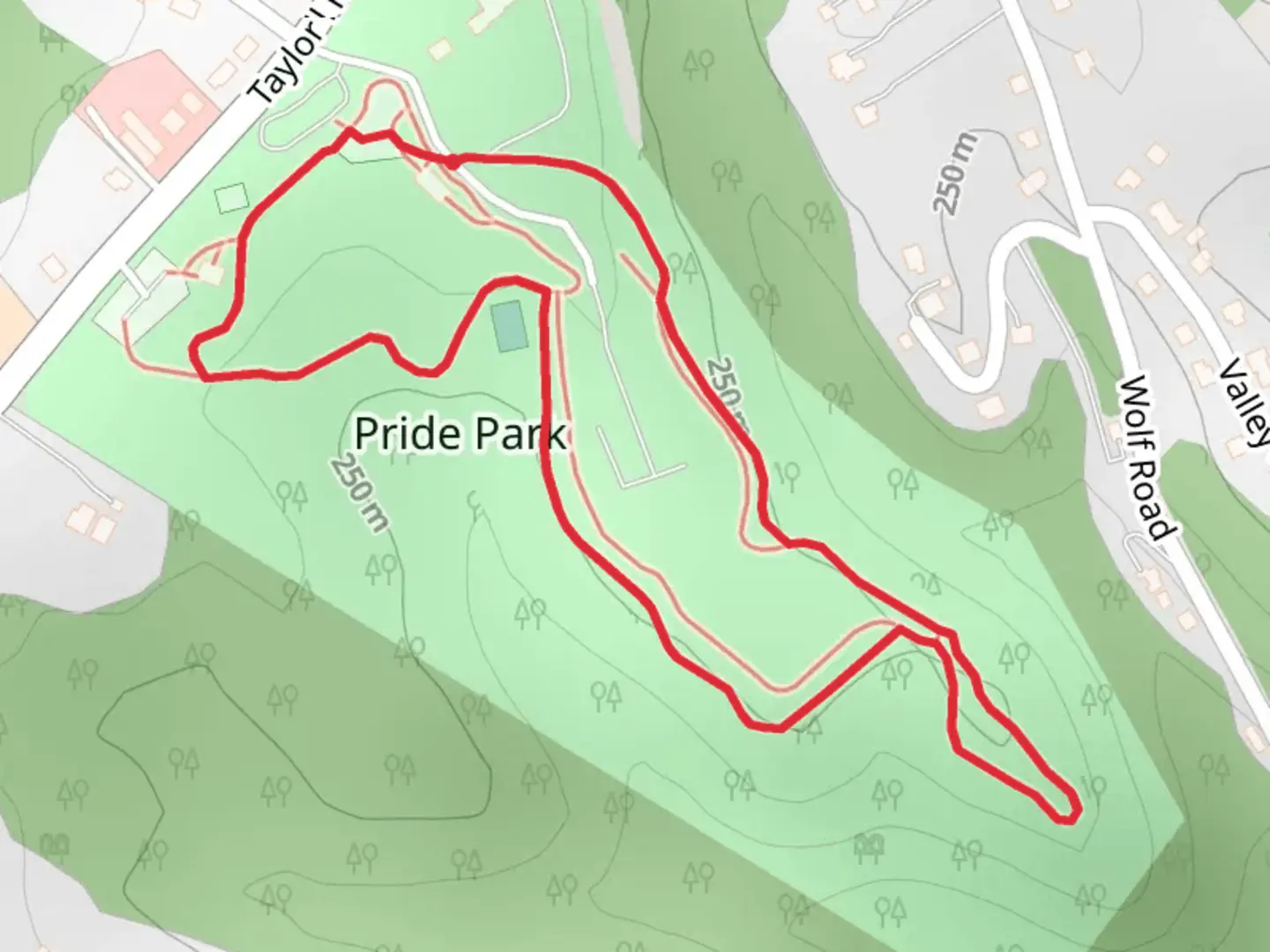 An image depicting the trail Pride Park Loop and its surrounding area.