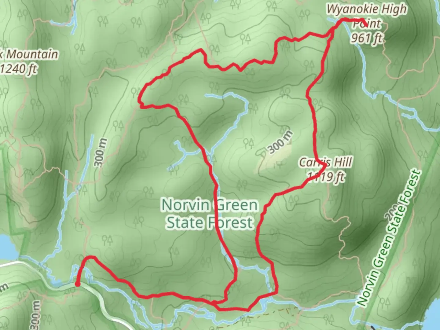 An image depicting the trail Wyanokie Crest Trail - Yellow and Hewitt-Butler Trail - Blue and its surrounding area.