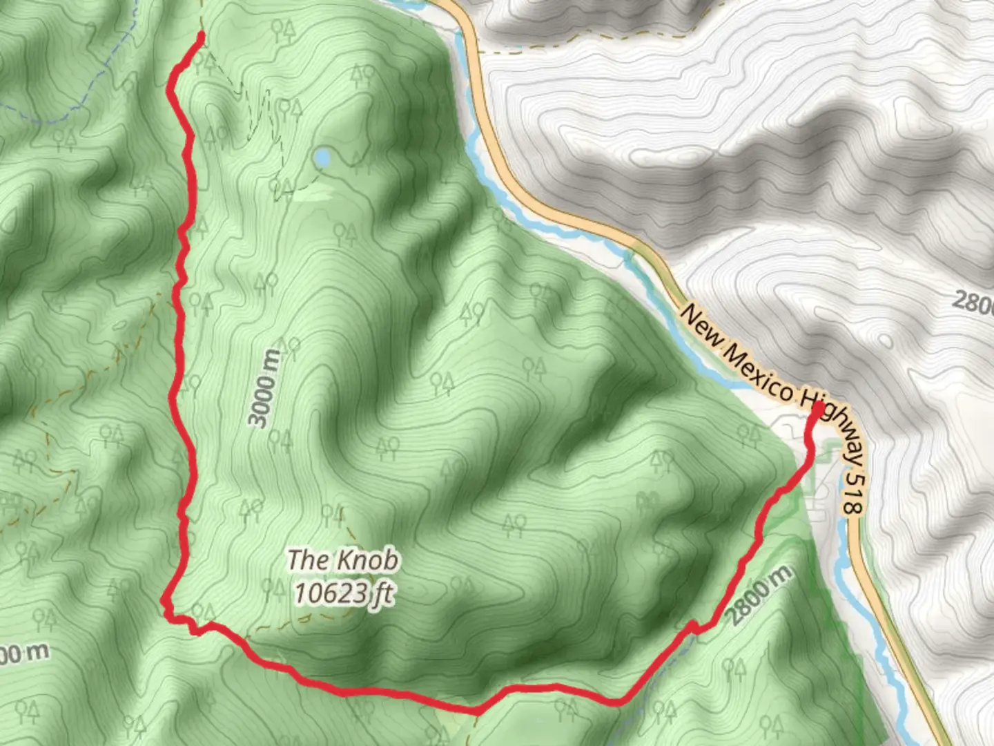 An image depicting the trail Agua Piedra Creek and Rito Angostrua and its surrounding area.