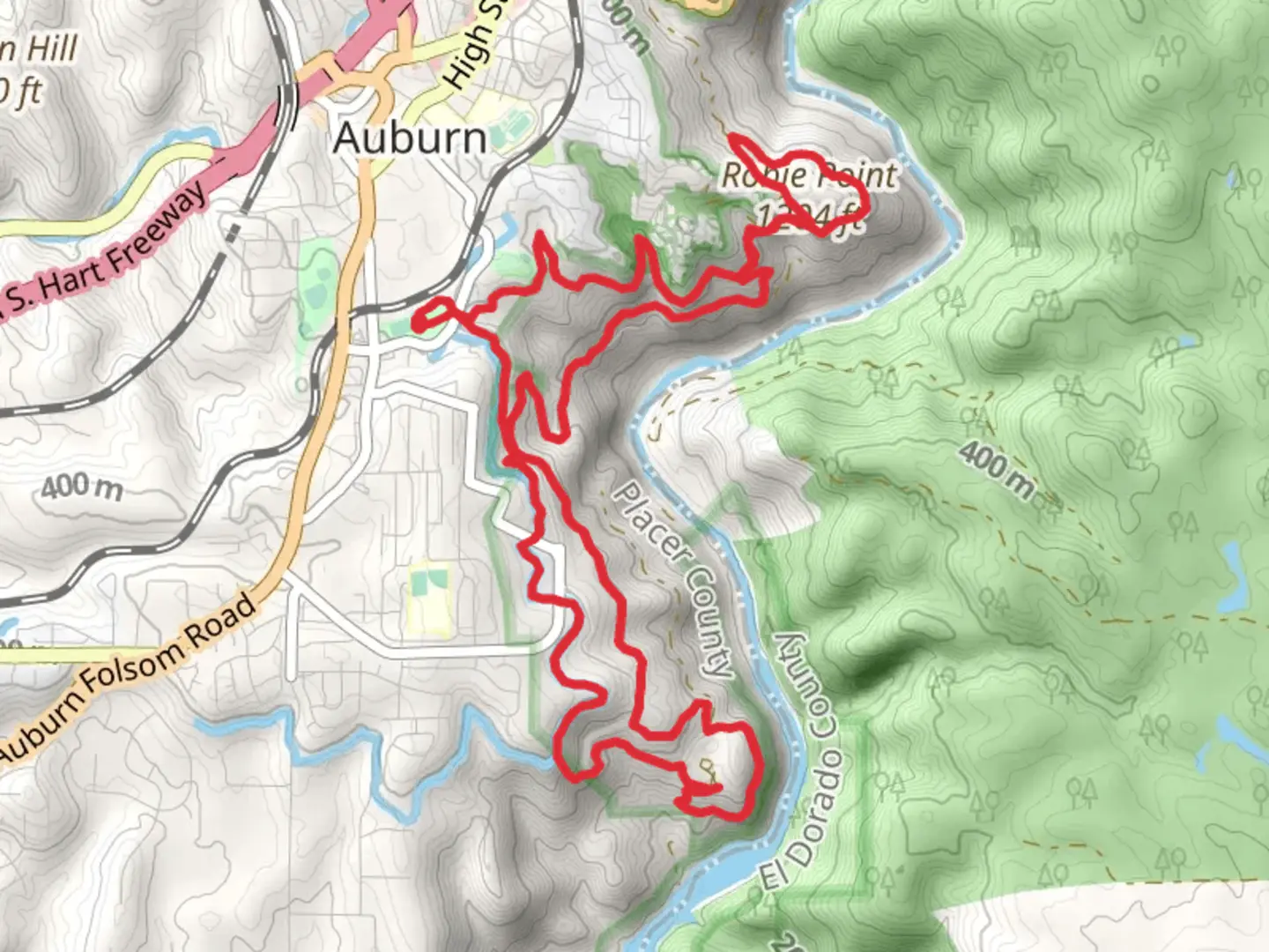 An image depicting the trail Robie Point Fuel Break Loop Trail and its surrounding area.
