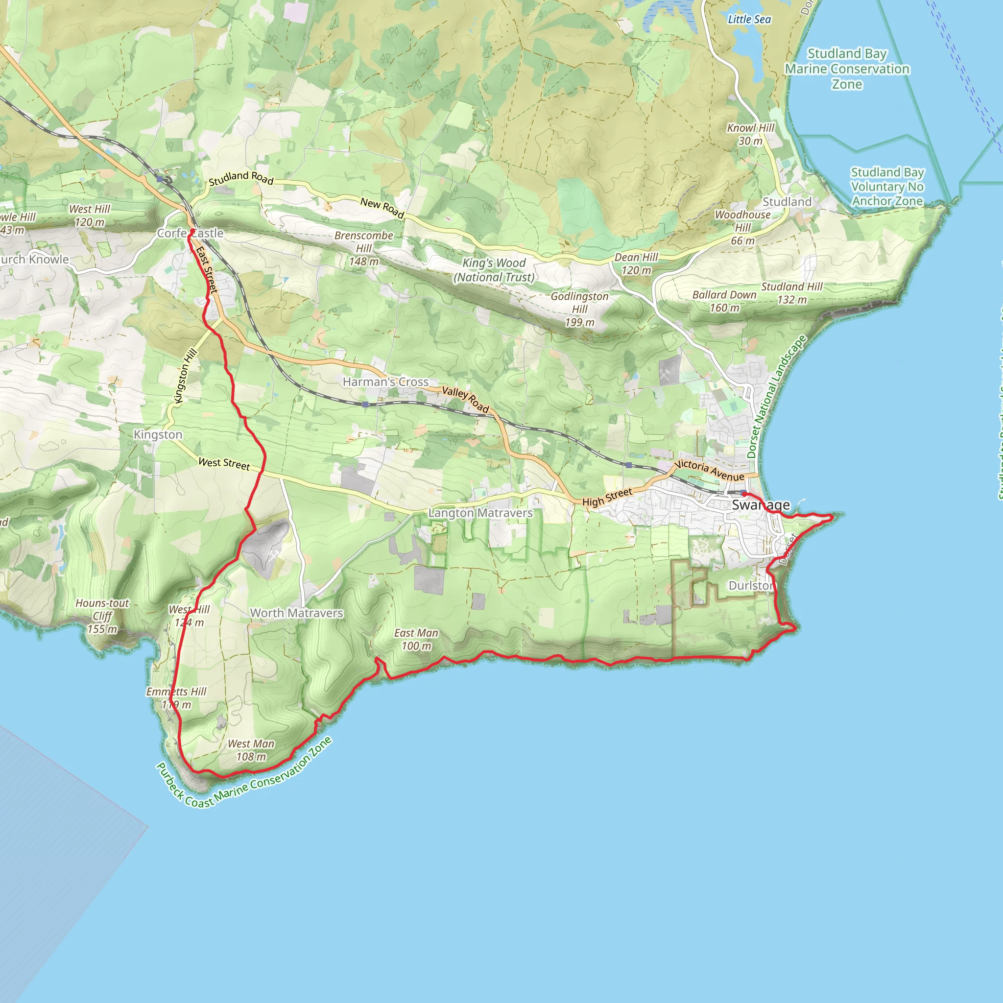 Corfe Castle to Swanage Walk mobile static map