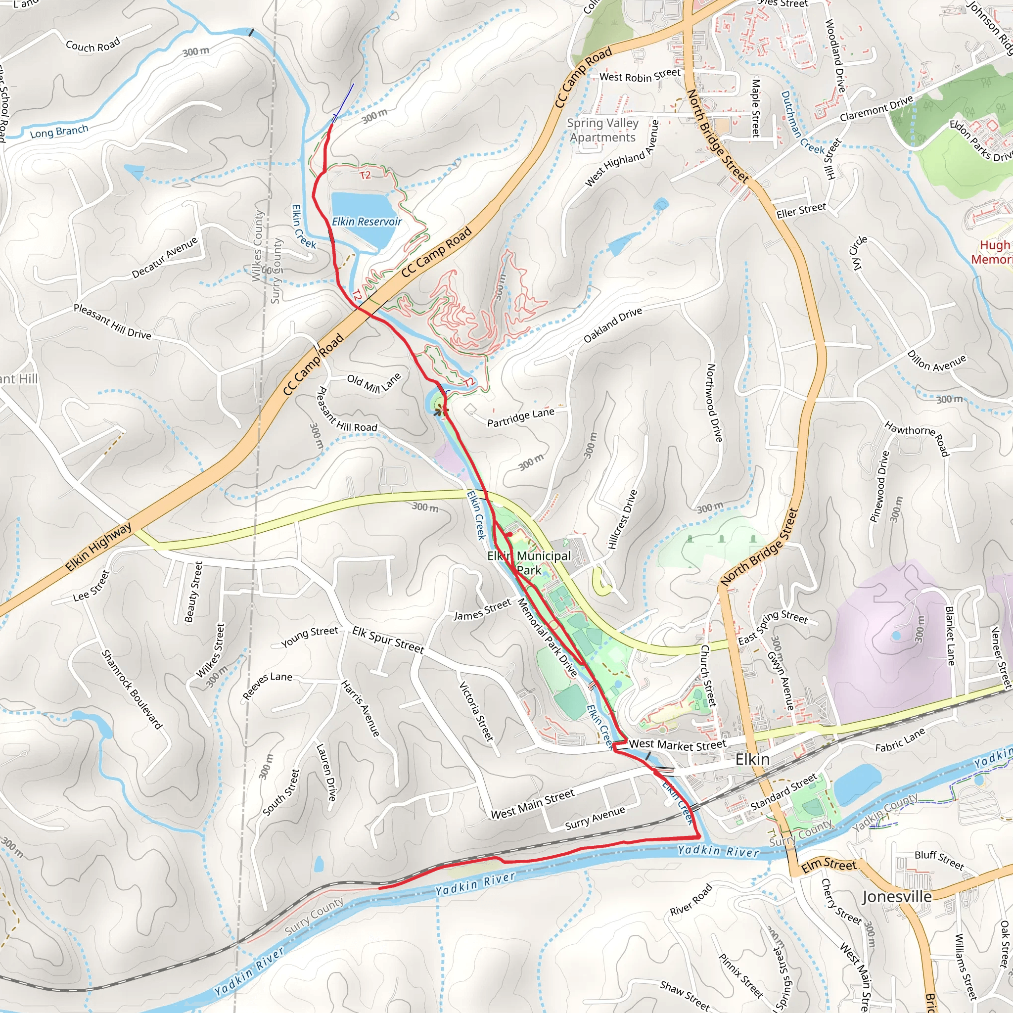 Elkin Creek via Mountain to Sea Trail and Overmountain Victory Trail mobile static map