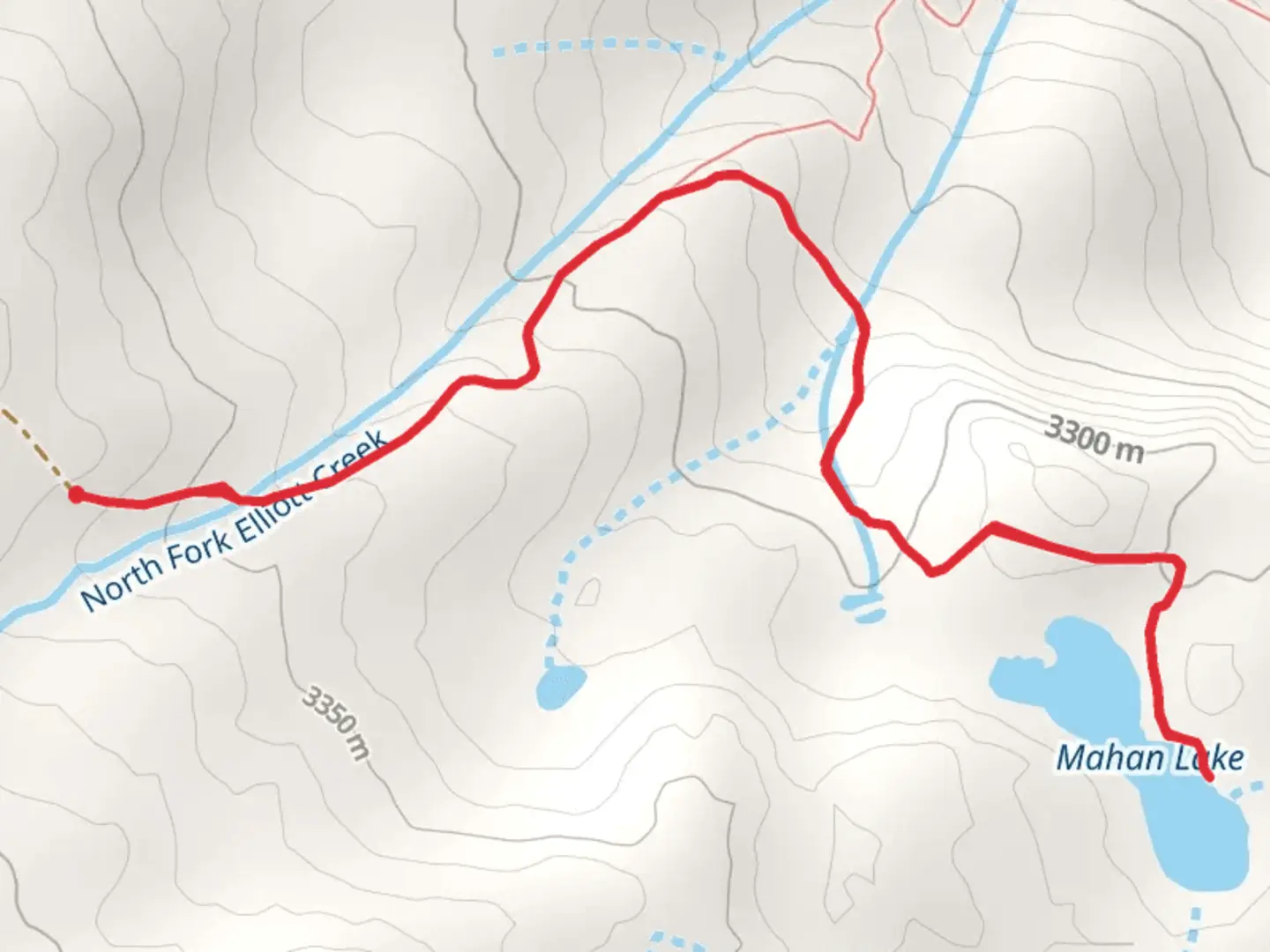 An image depicting the trail Mahan Lake via North Fork Elliot Creek Trail and its surrounding area.
