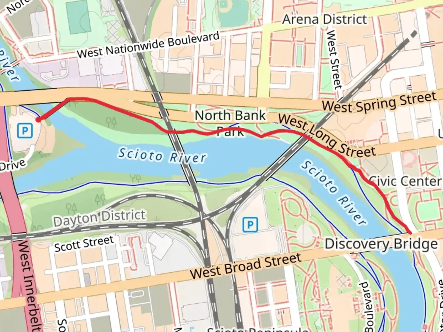 An image depicting the trail Scioto Short Trail from West Innerbelt and its surrounding area.