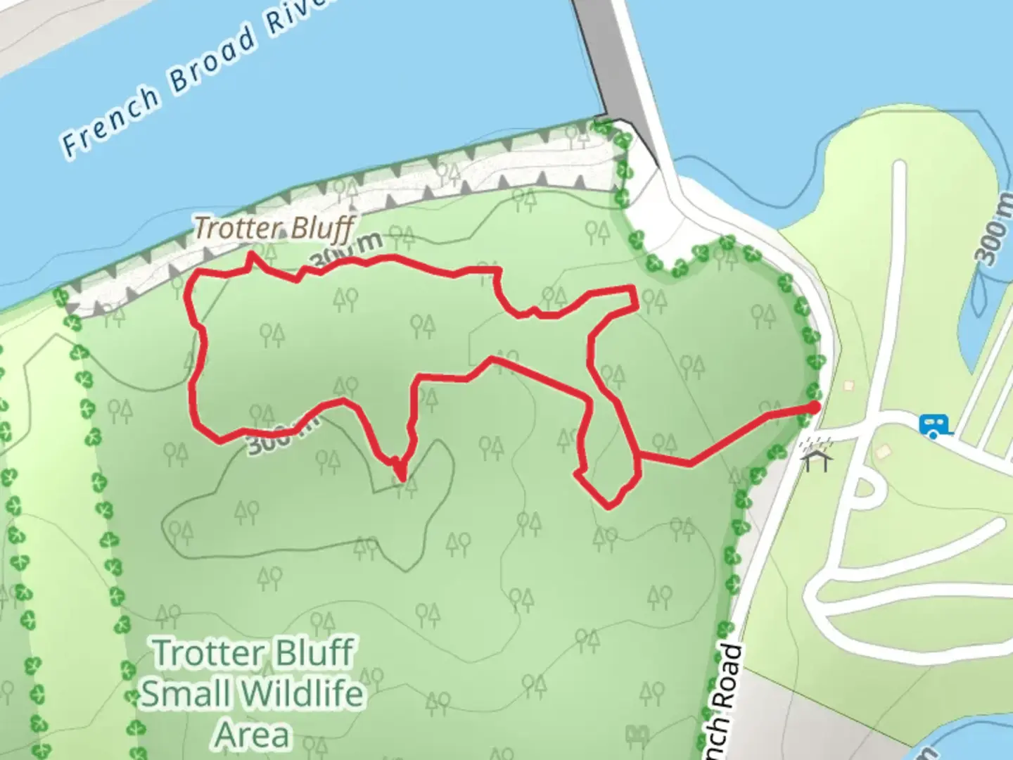 An image depicting the trail Douglas Dam Nature Loop Trail and its surrounding area.