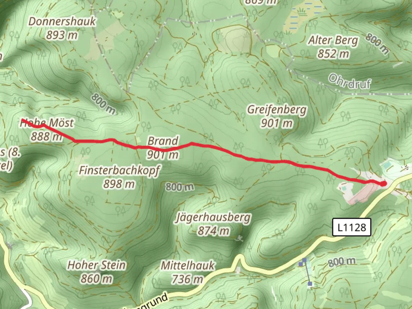 An image depicting the trail Brand, Hinterer Möstfelsen and Vorderer Möstfelsen via Brandweg and its surrounding area.